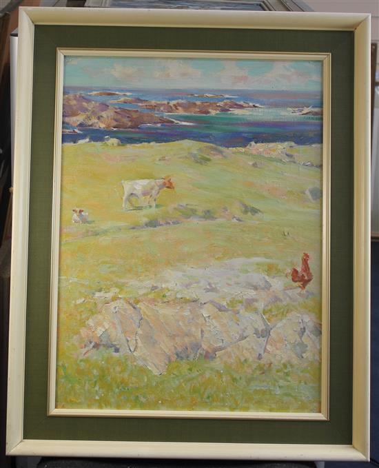 Henry Young Alison (1889-1972) Chickens and cattle in a coastal field 60 x 44cm